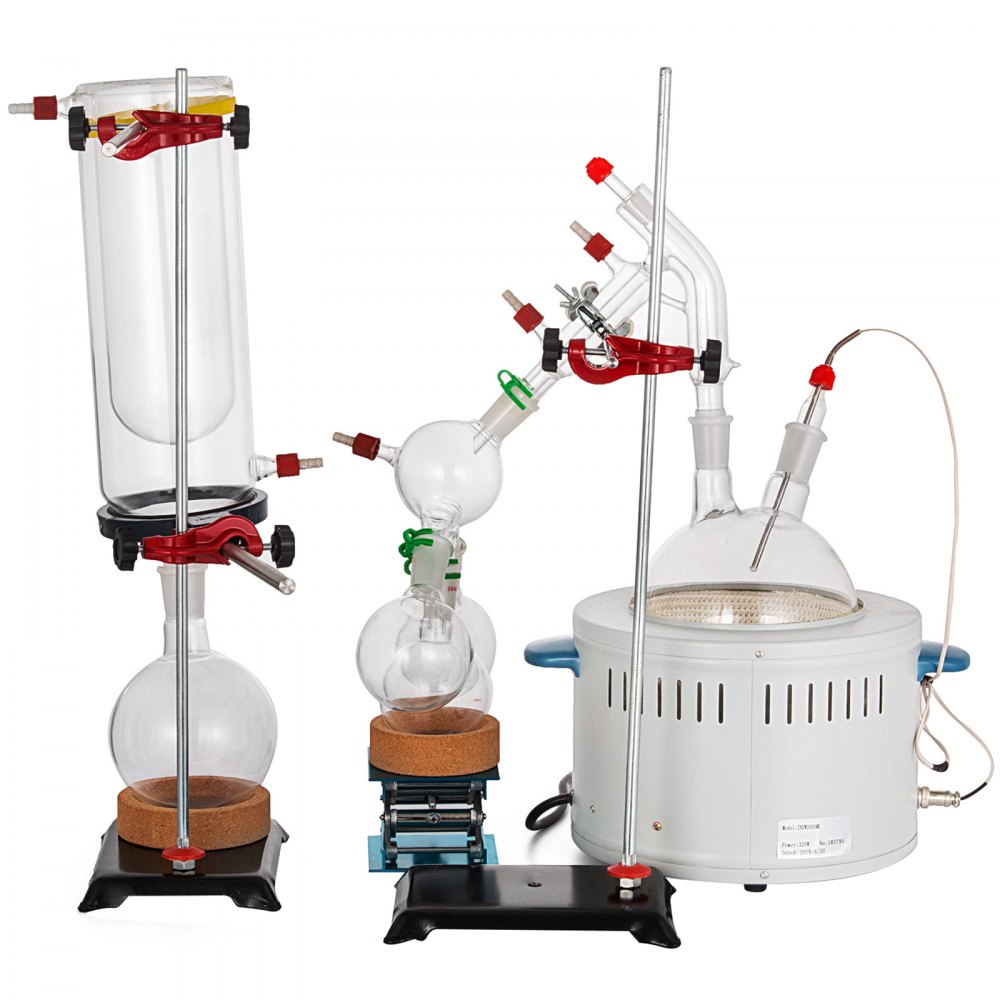 VEVOR Short Path Distillation Kit 2000ml Distillation Apparatus with Cold Trap and Heating Mantle Max. 380℃ Borosilicate Glass Lab Glassware Lab Distillation Glassware Apparatus with Adjustable Height