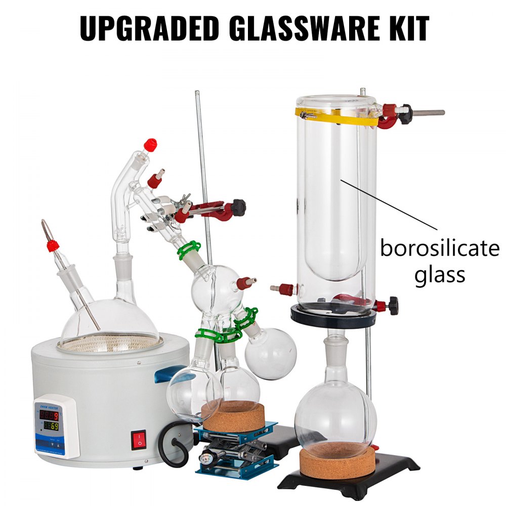 VEVOR Short Path Distillation Kit 2000ml Distillation Apparatus with Cold Trap and Heating Mantle Max. 380℃ Borosilicate Glass Lab Glassware Lab Distillation Glassware Apparatus with Adjustable Height