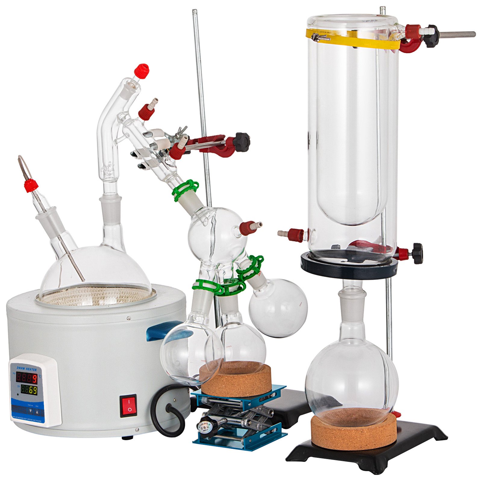 VEVOR Short Path Distillation Kit 2000ml Distillation Apparatus with Cold Trap and Heating Mantle Max. 380℃ Borosilicate Glass Lab Glassware Lab Distillation Glassware Apparatus with Adjustable Height