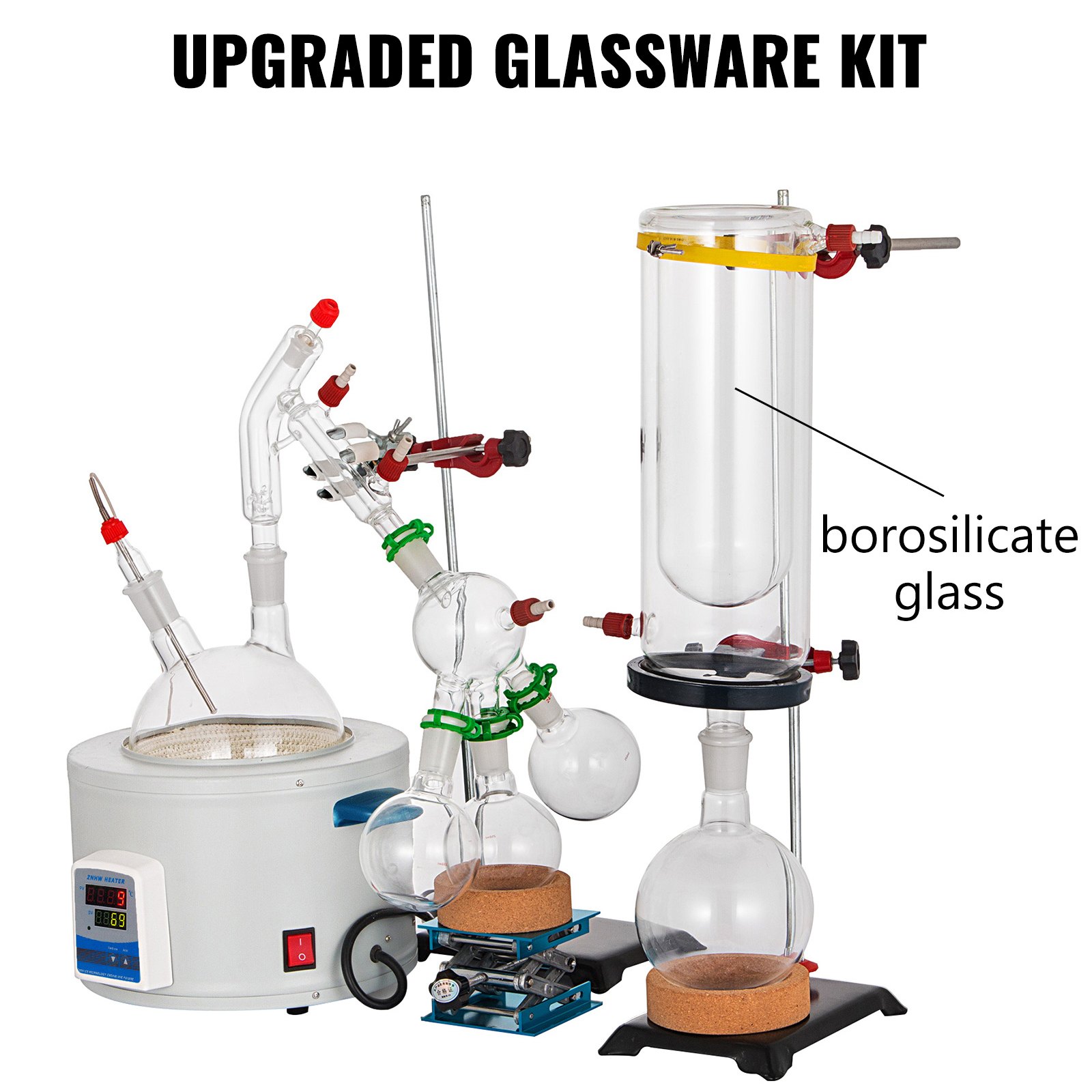 VEVOR Short Path Distillation Kit 2000ml Distillation Apparatus with Cold Trap and Heating Mantle Max. 380℃ Borosilicate Glass Lab Glassware Lab Distillation Glassware Apparatus with Adjustable Height