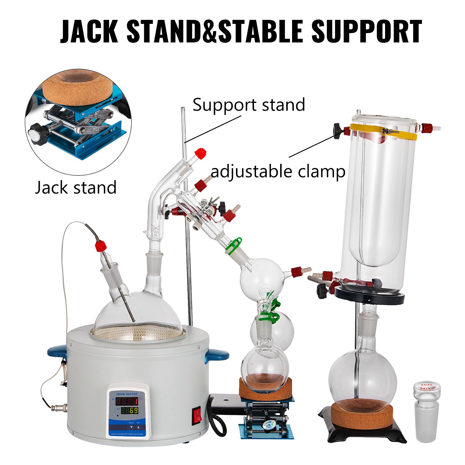 VEVOR Short Path Distillation Kit 2000ml Distillation Apparatus with Cold Trap and Heating Mantle Max. 380℃ Borosilicate Glass Lab Glassware Lab Distillation Glassware Apparatus with Adjustable Height