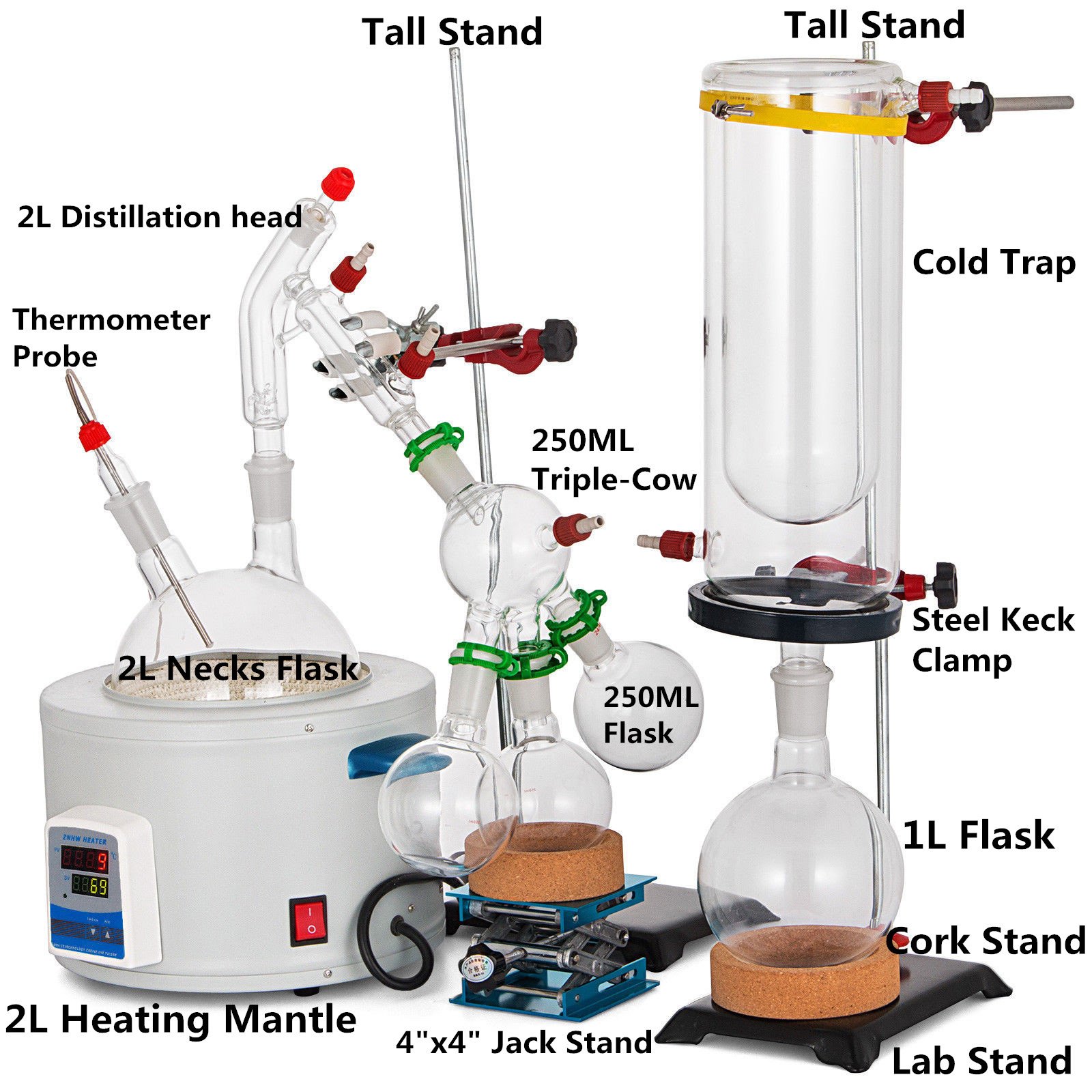 VEVOR Short Path Distillation Kit 2000ml Distillation Apparatus with Cold Trap and Heating Mantle Max. 380℃ Borosilicate Glass Lab Glassware Lab Distillation Glassware Apparatus with Adjustable Height