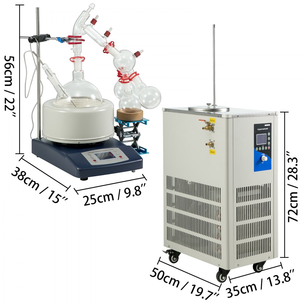 VEVOR Distillation Kit 2L Lab Distillation Kit Short Path Distillation Laboratory Glassware Equipment with Vacuum Pump & Circulator Chiller for Chemistry Essential Oil Water Purifier Set in White