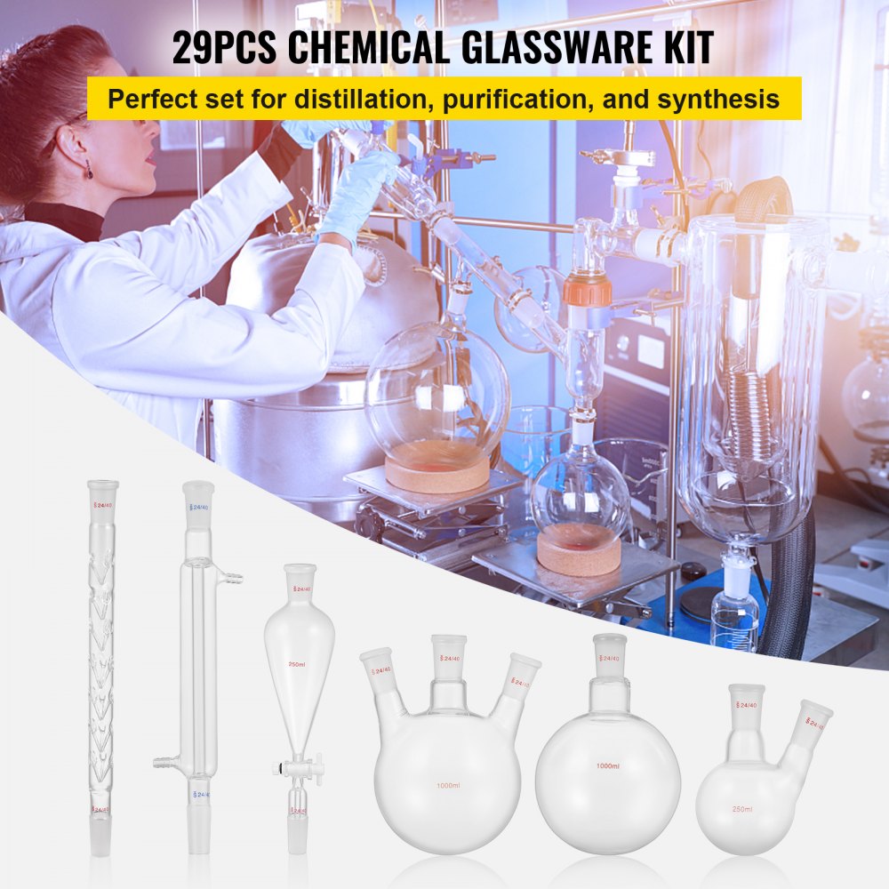 VEVOR New Laboratory Glassware 24/40 Chemistry Glassware 29PCS Chemistry Lab Glassware Kit 250 1000ml for Distillations Separation Purification Synthesis 24/40 29PCS