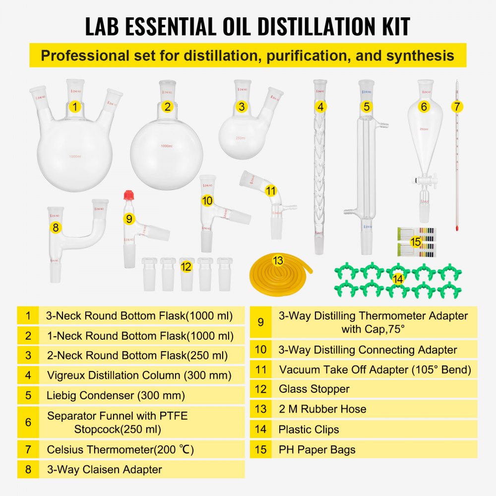 VEVOR New Laboratory Glassware 24/40 Chemistry Glassware 29PCS Chemistry Lab Glassware Kit 250 1000ml for Distillations Separation Purification Synthesis 24/40 29PCS