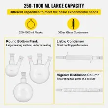 VEVOR New Laboratory Glassware 24/40 Chemistry Glassware 29PCS Chemistry Lab Glassware Kit 250 1000ml for Distillations Separation Purification Synthesis 24/40 29PCS