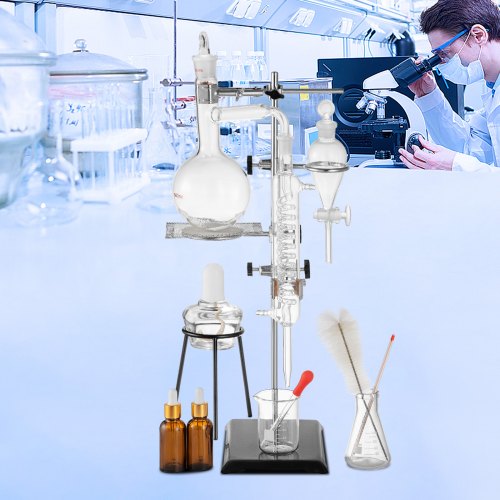 VEVOR Distillation Apparatus 500ML Lab Glassware Kit Glass Distilling for Pure Water Oil Essential Distillation with Condenser Pipe Flask