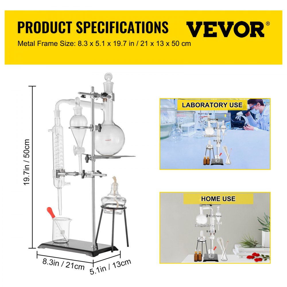 500ML Distillation Apparatus Lab Glassware Kit w/ Condenser Pure Water Oil Steam