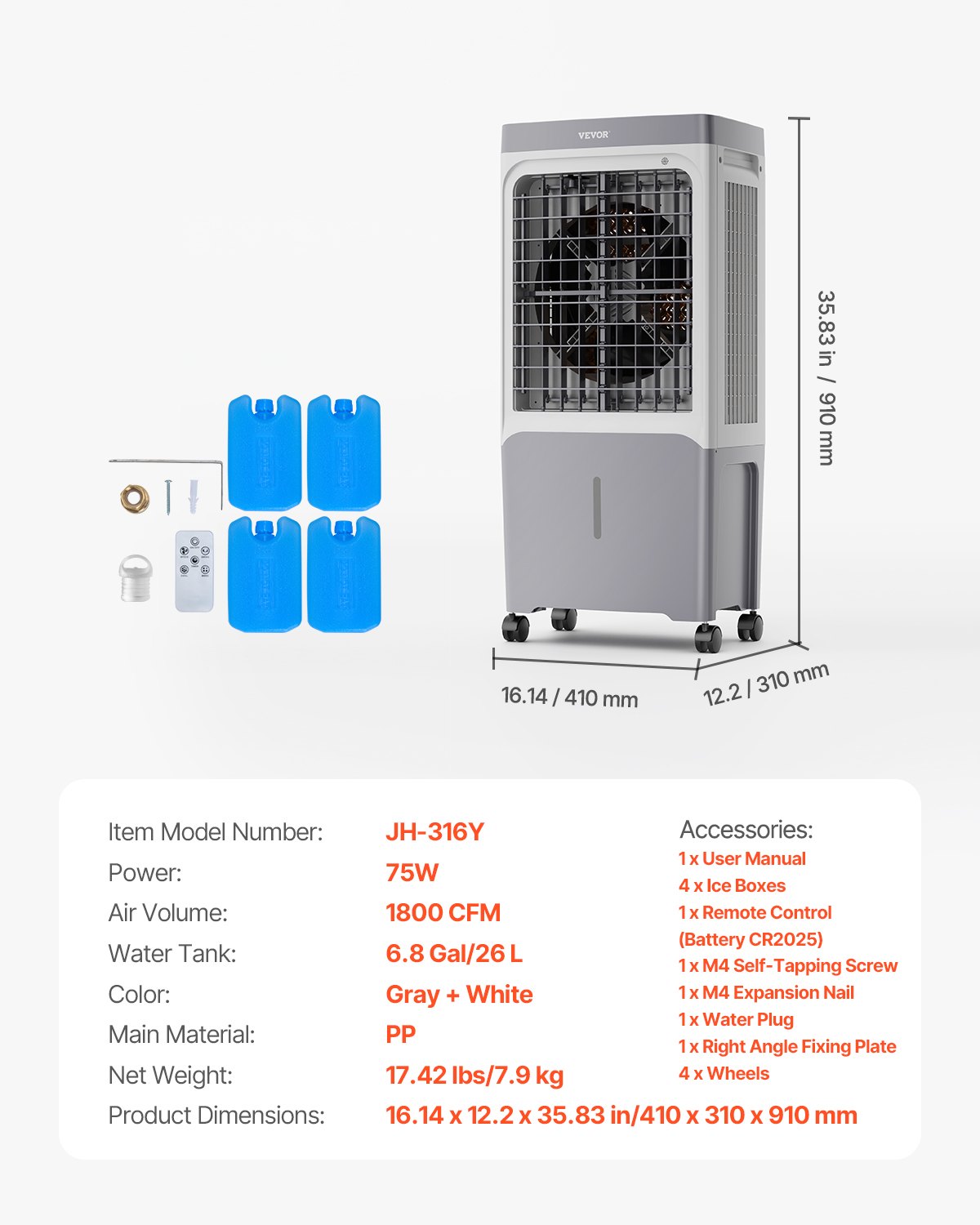 VEVOR Evaporative Air Cooler, 1800 CFM with 6.8 Gallon Water Tank Swamp Cooler, Portable Cooling Fan with Remote Control, 12H Timer, 4 Ice Boxes, Quiet Operation, 3 Wind Speeds for Outdoor Indoor Use