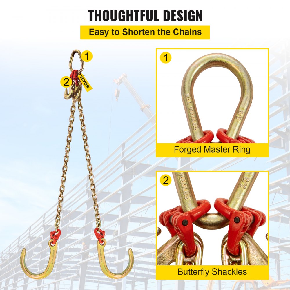 VEVOR V Bridle Chain, 5/16 in x 2 ft Bridle Tow Chain, Grade 80 V-Bridle Transport Chain, 9260 Lbs Break Strength with TJ Hooks and Crab Hooks, Heavy Duty Pear Link Connector and Chain Shorteners