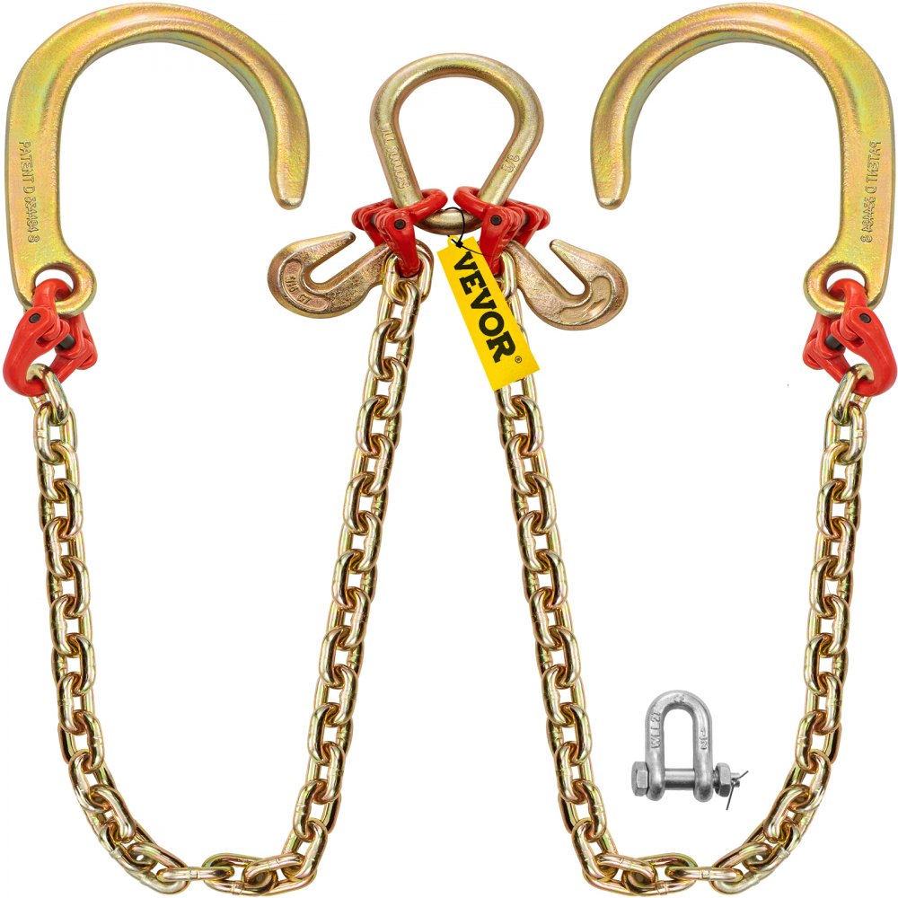 VEVOR V Bridle Chain, 8 mm x 0.9 m Bridle Tow Chain, Grade 80 V-Bridle Transport Chain, 4.2 tons Break Strength with J Hooks and Crab Hooks, Heavy Duty Pear Link Connector and Chain Shorteners