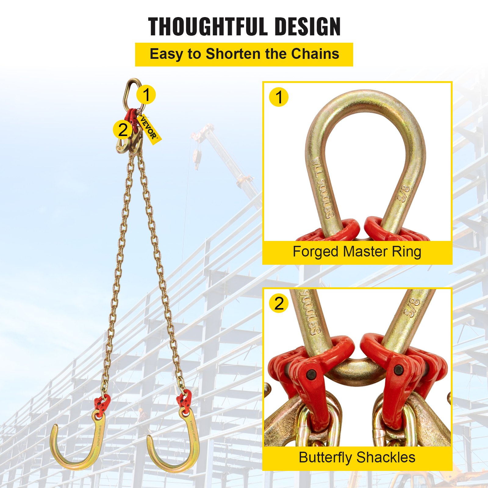 VEVOR V Bridle Chain, 8 mm x 0.9 m Bridle Tow Chain, Grade 80 V-Bridle Transport Chain, 4.2 tons Break Strength with J Hooks and Crab Hooks, Heavy Duty Pear Link Connector and Chain Shorteners