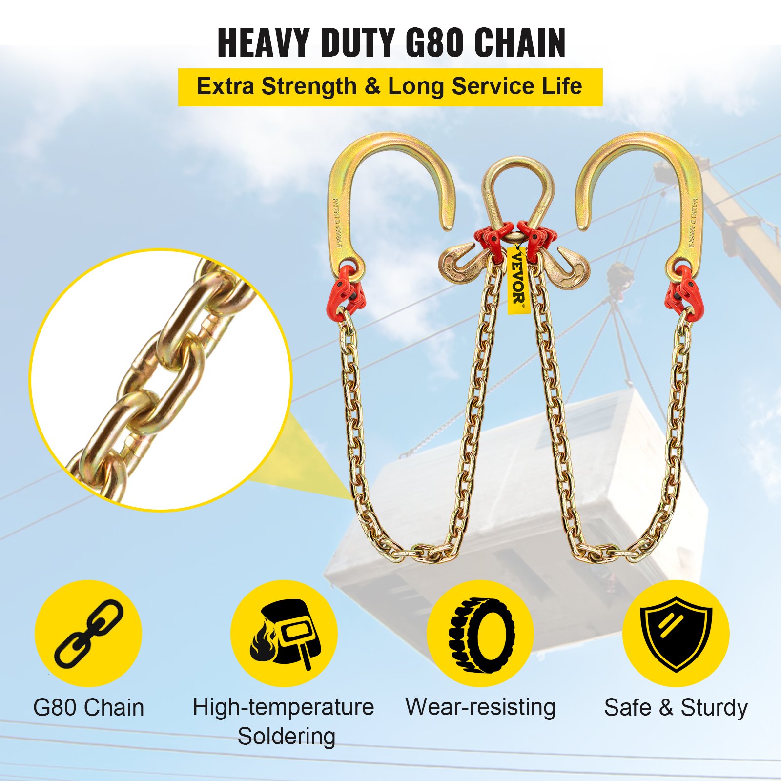 VEVOR V Bridle Chain, 8 mm x 0.9 m Bridle Tow Chain, Grade 80 V-Bridle Transport Chain, 4.2 tons Break Strength with J Hooks and Crab Hooks, Heavy Duty Pear Link Connector and Chain Shorteners