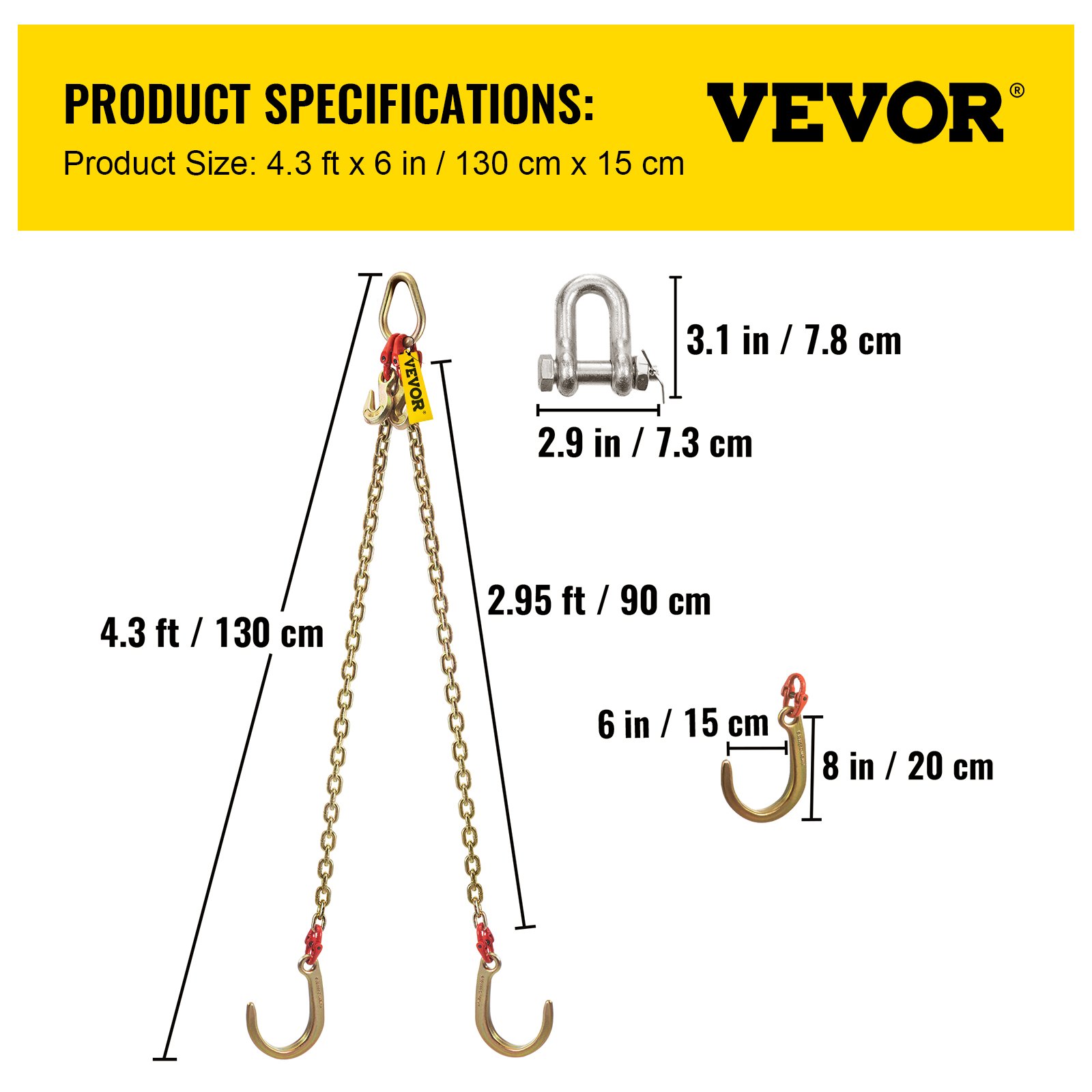VEVOR V Bridle Chain, 8 mm x 0.9 m Bridle Tow Chain, Grade 80 V-Bridle Transport Chain, 4.2 tons Break Strength with J Hooks and Crab Hooks, Heavy Duty Pear Link Connector and Chain Shorteners