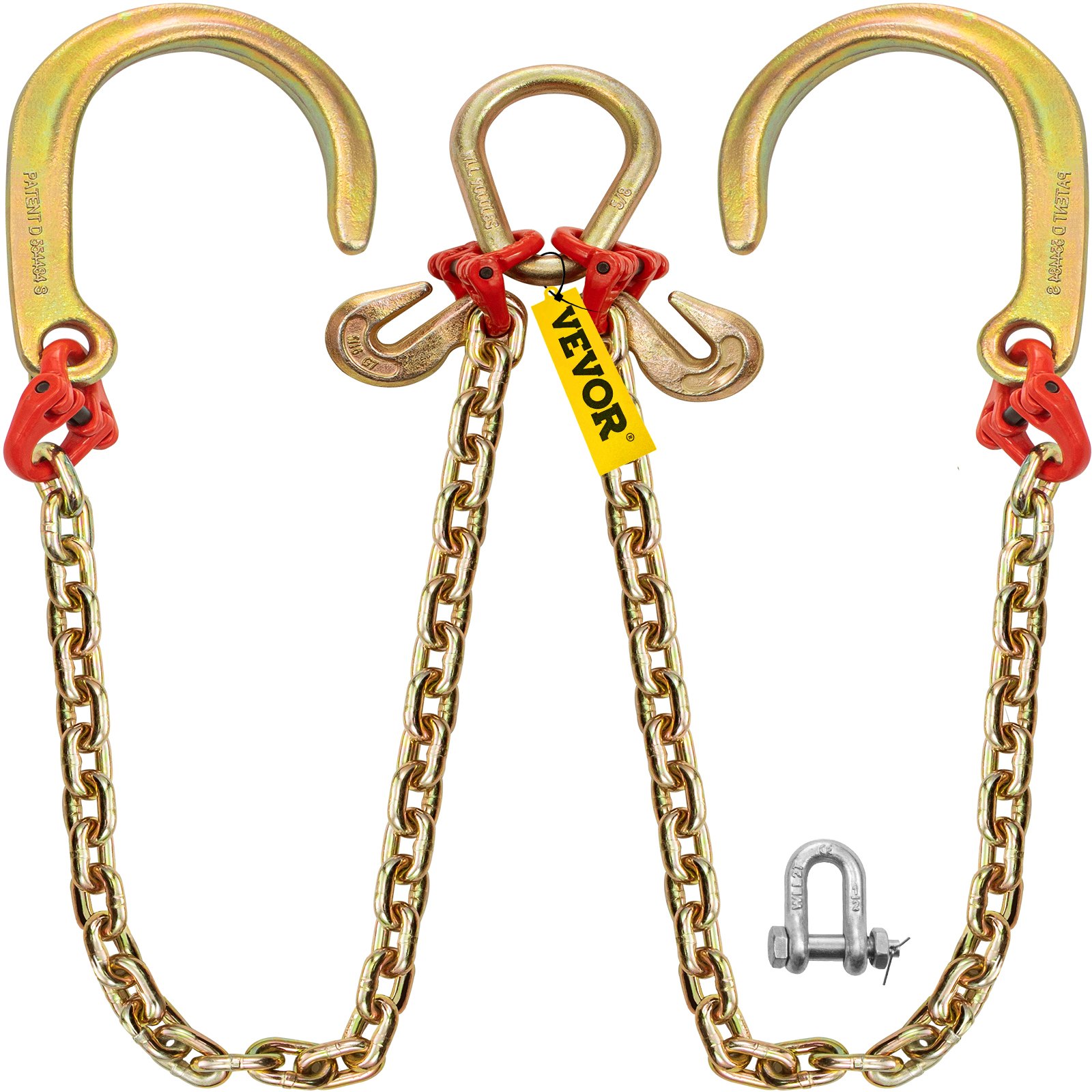 VEVOR V Bridle Chain, 8 mm x 0.9 m Bridle Tow Chain, Grade 80 V-Bridle Transport Chain, 4.2 tons Break Strength with J Hooks and Crab Hooks, Heavy Duty Pear Link Connector and Chain Shorteners