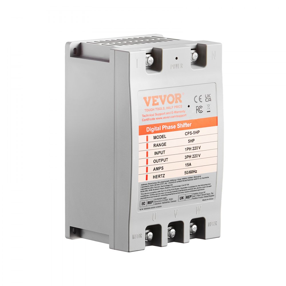 VEVOR 3 Phase Converter - 5HP 15A 220V Single Phase to 3 Phase Converter, Digital Phase Shifter for Residential and Light Commercial Use, 220V Input/Output (One Converter for One Motor Only)