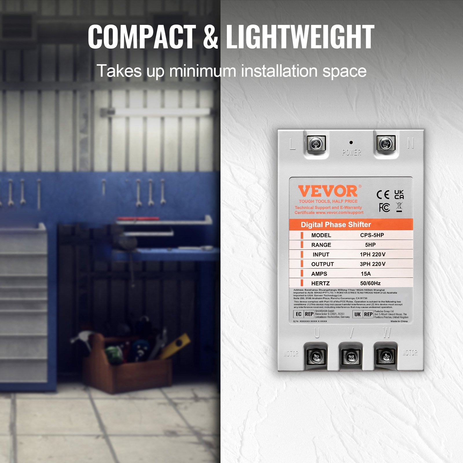 VEVOR 3 Phase Converter - 5HP 15A 220V Single Phase to 3 Phase Converter, Digital Phase Shifter for Residential and Light Commercial Use, 220V Input/Output (One Converter for One Motor Only)