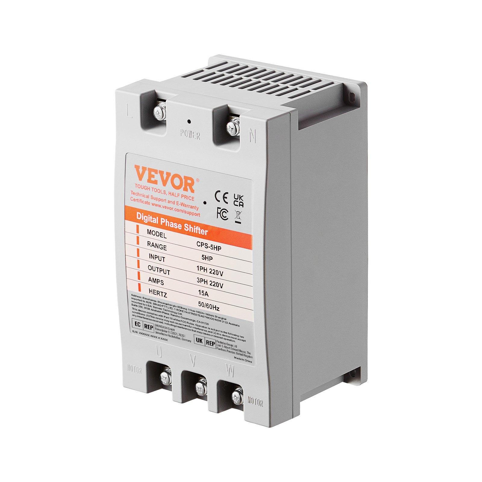 VEVOR 3 Phase Converter - 5HP 15A 220V Single Phase to 3 Phase Converter, Digital Phase Shifter for Residential and Light Commercial Use, 220V Input/Output (One Converter for One Motor Only)