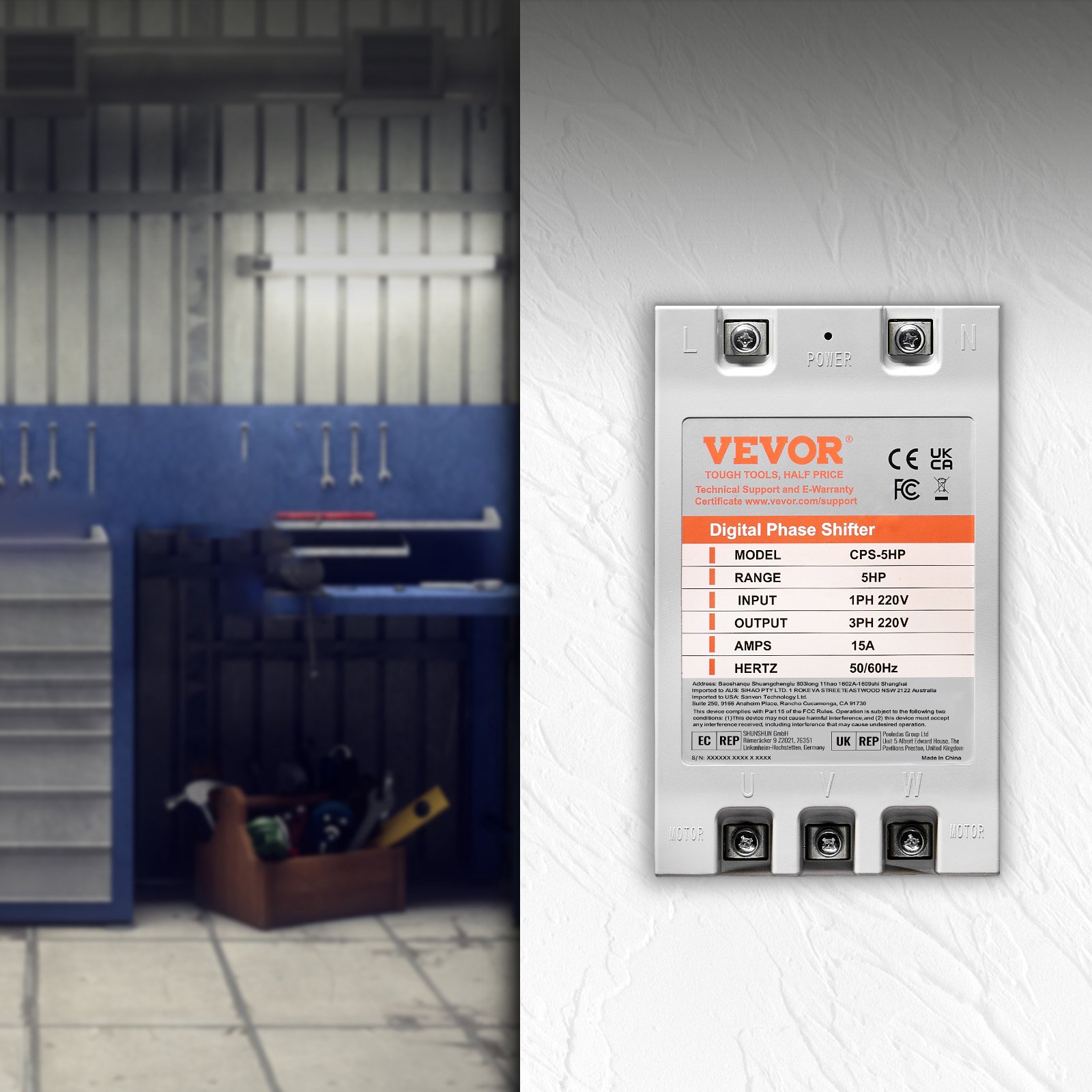 VEVOR 3 Phase Converter - 5HP 15A 220V Single Phase to 3 Phase Converter, Digital Phase Shifter for Residential and Light Commercial Use, 220V Input/Output (One Converter for One Motor Only)
