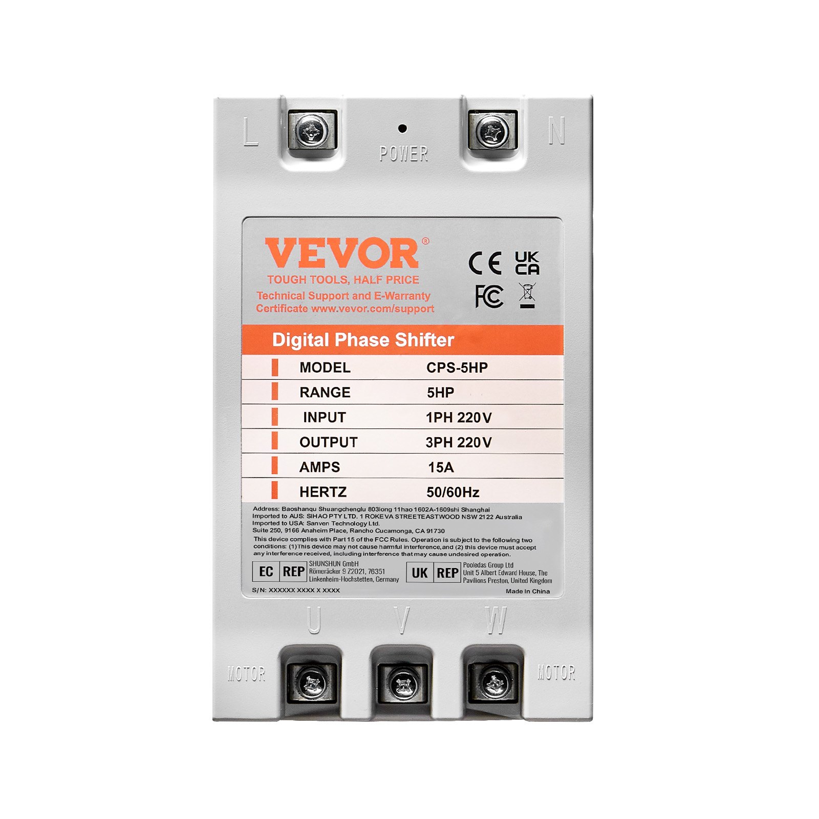VEVOR 3 Phase Converter - 5HP 15A 220V Single Phase to 3 Phase Converter, Digital Phase Shifter for Residential and Light Commercial Use, 220V Input/Output (One Converter for One Motor Only)