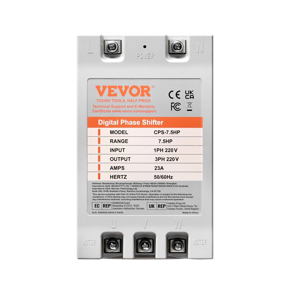 VEVOR 3 Phase Converter- 7.5HP 23A 220V Single Phase to 3 Phase Converter, Digital Phase Shifter for Residential & Light Commercial Use, 220V Input/Output (One DPS Must Be Used on One Motor Only)