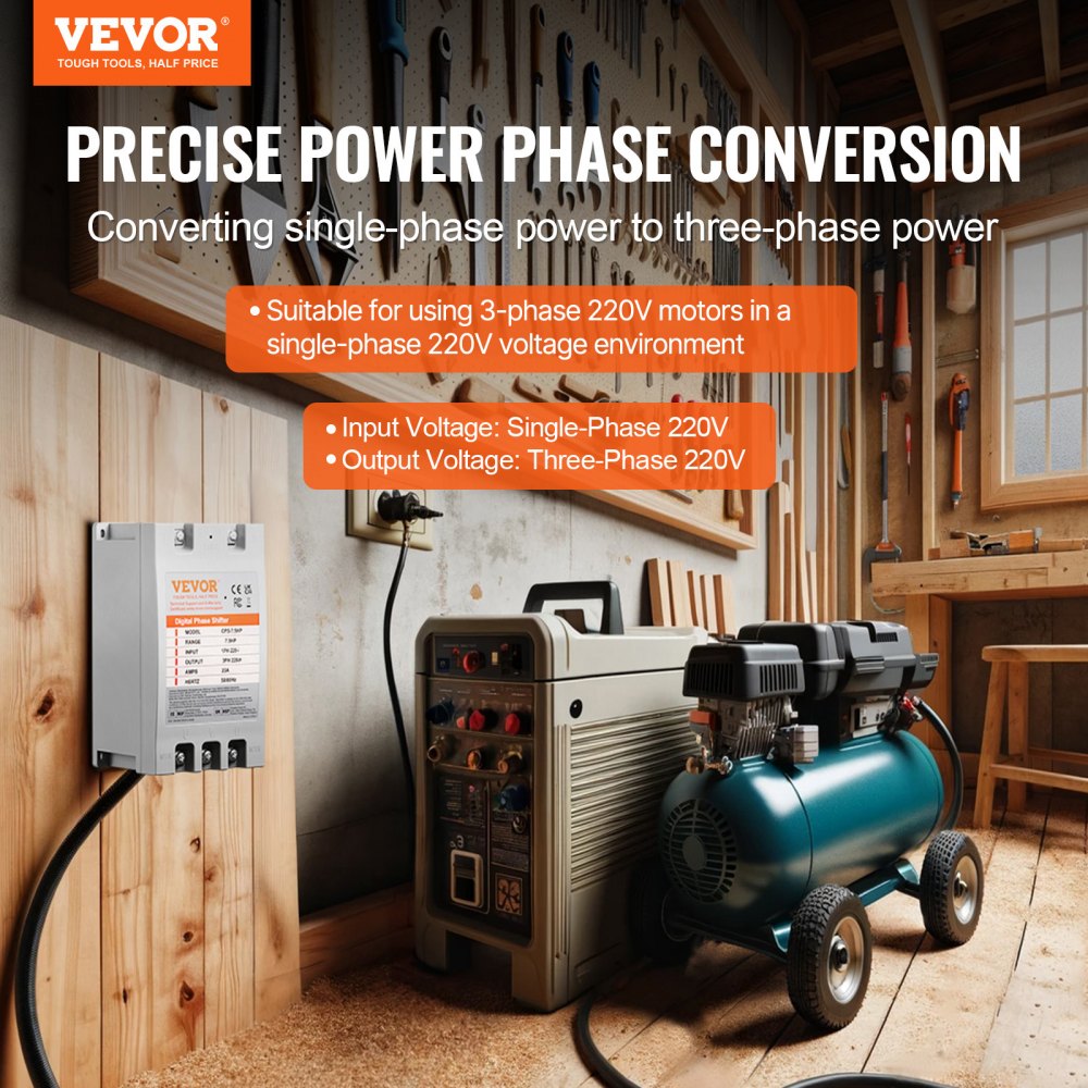 VEVOR 3 Phase Converter- 7.5HP 23A 220V Single Phase to 3 Phase Converter, Digital Phase Shifter for Residential & Light Commercial Use, 220V Input/Output (One DPS Must Be Used on One Motor Only)