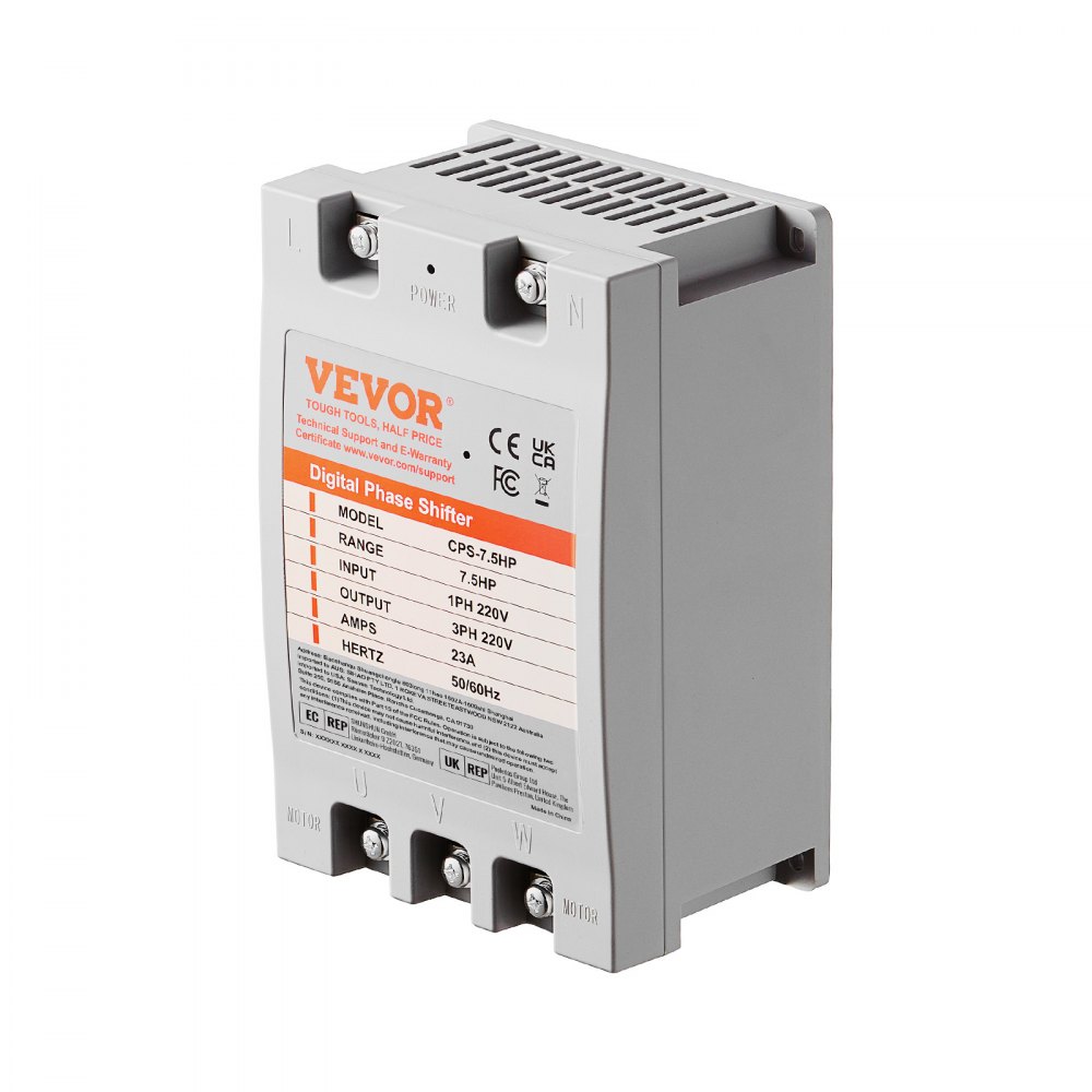 VEVOR 3 Phase Converter- 7.5HP 23A 220V Single Phase to 3 Phase Converter, Digital Phase Shifter for Residential & Light Commercial Use, 220V Input/Output (One DPS Must Be Used on One Motor Only)