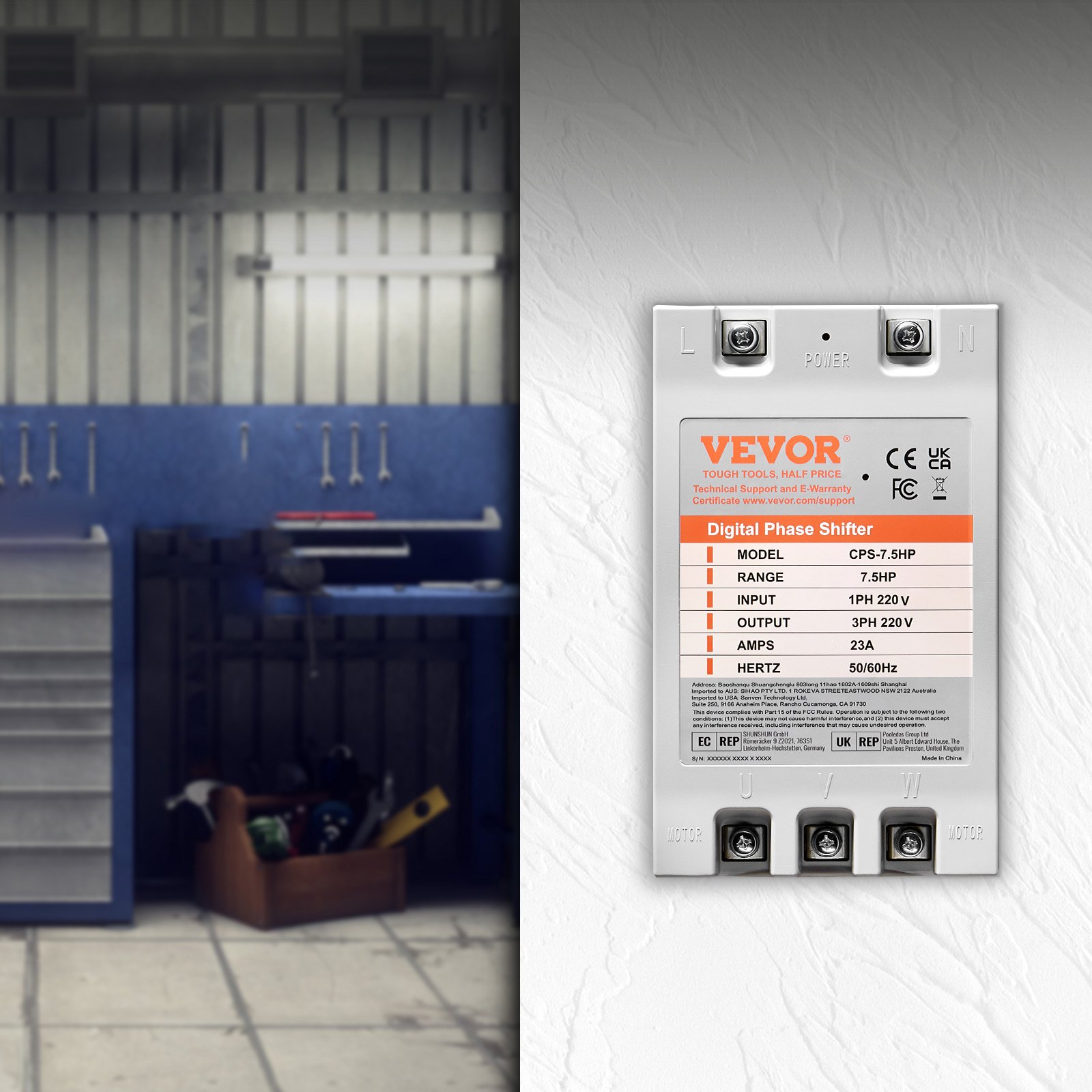 VEVOR 3 Phase Converter- 7.5HP 23A 220V Single Phase to 3 Phase Converter, Digital Phase Shifter for Residential & Light Commercial Use, 220V Input/Output (One DPS Must Be Used on One Motor Only)