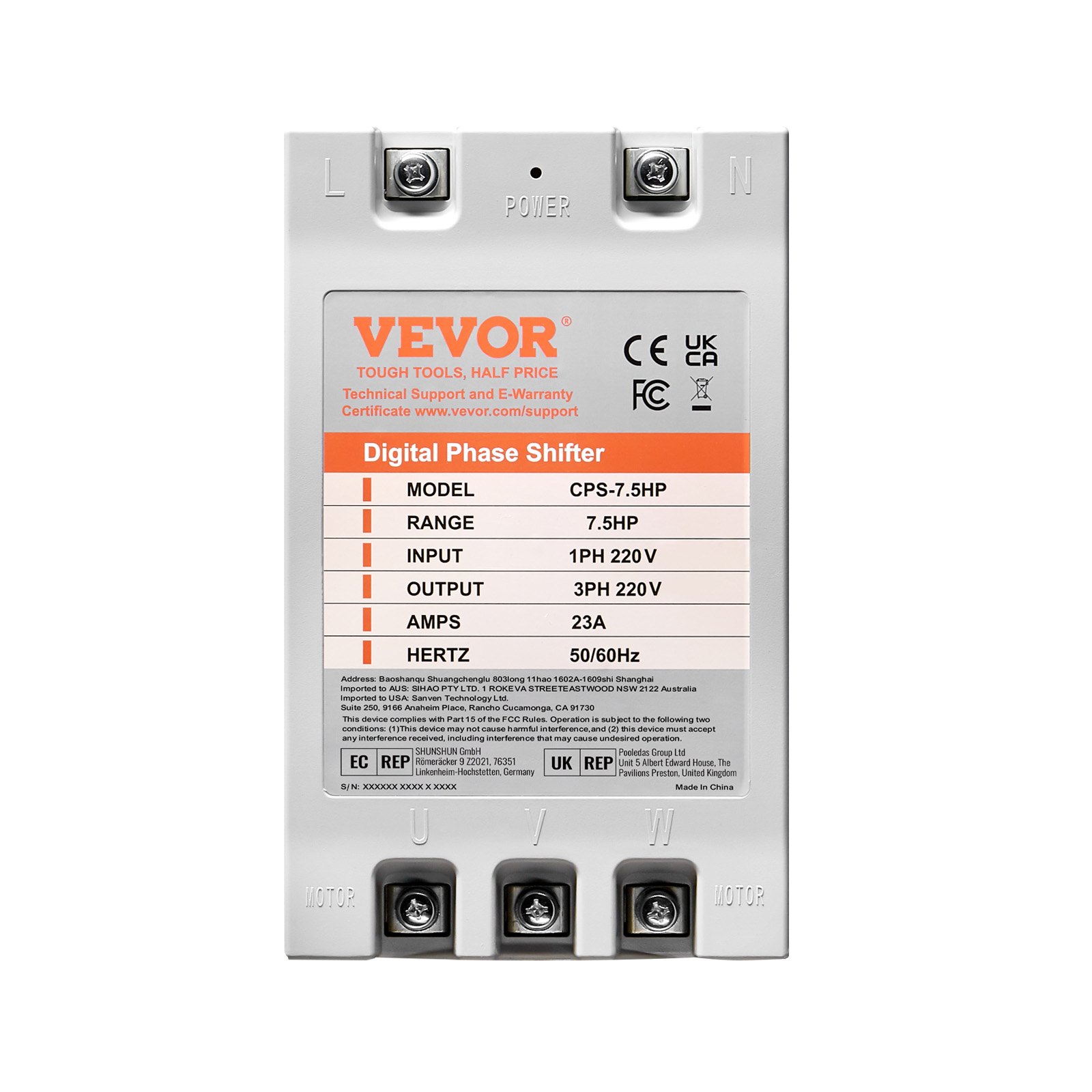 VEVOR 3 Phase Converter- 7.5HP 23A 220V Single Phase to 3 Phase Converter, Digital Phase Shifter for Residential & Light Commercial Use, 220V Input/Output (One DPS Must Be Used on One Motor Only)