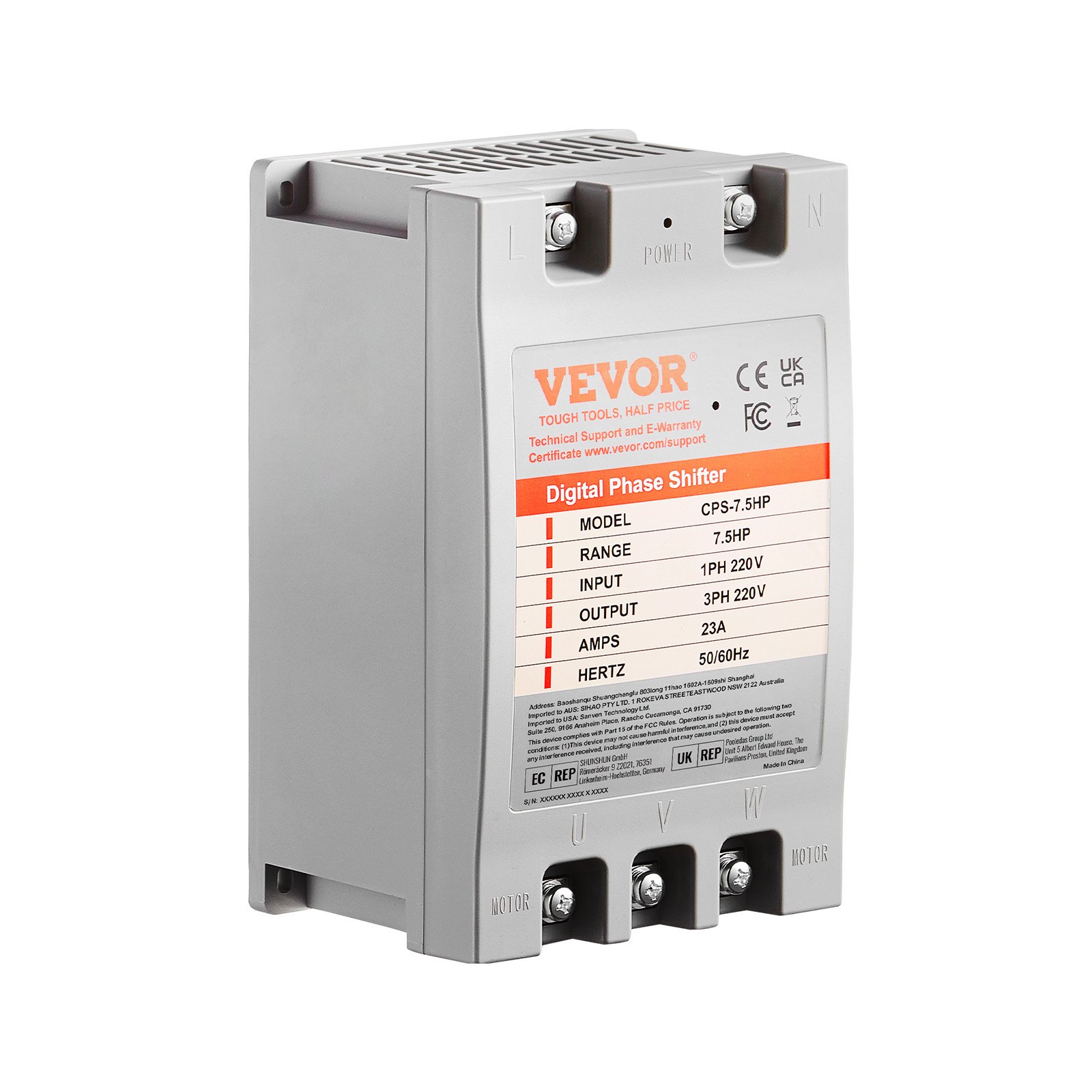 VEVOR 3 Phase Converter- 7.5HP 23A 220V Single Phase to 3 Phase Converter, Digital Phase Shifter for Residential & Light Commercial Use, 220V Input/Output (One DPS Must Be Used on One Motor Only)