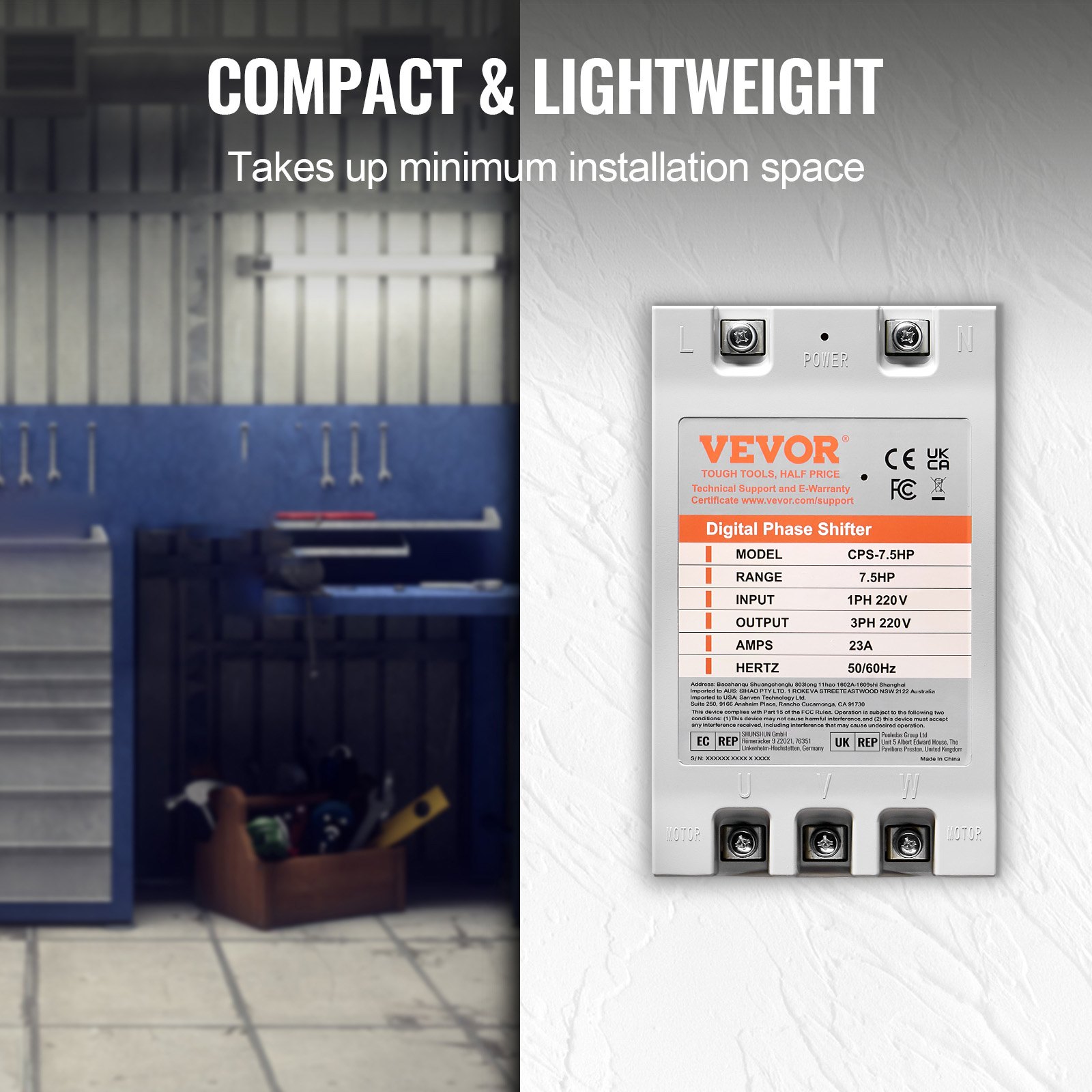 VEVOR 3 Phase Converter- 7.5HP 23A 220V Single Phase to 3 Phase Converter, Digital Phase Shifter for Residential & Light Commercial Use, 220V Input/Output (One DPS Must Be Used on One Motor Only)