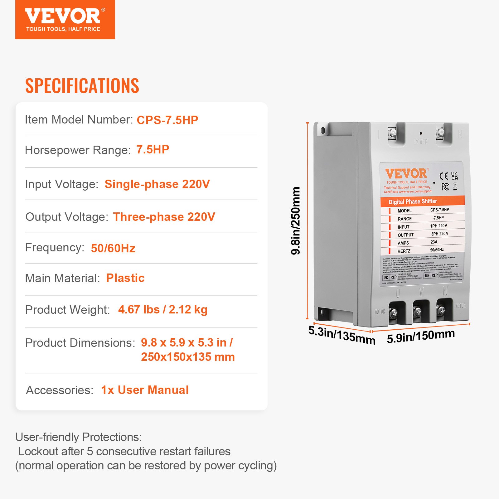 VEVOR 3 Phase Converter- 7.5HP 23A 220V Single Phase to 3 Phase Converter, Digital Phase Shifter for Residential & Light Commercial Use, 220V Input/Output (One DPS Must Be Used on One Motor Only)