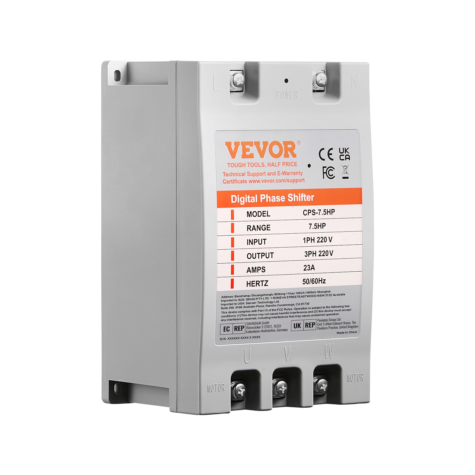VEVOR 3 Phase Converter- 7.5HP 23A 220V Single Phase to 3 Phase Converter, Digital Phase Shifter for Residential & Light Commercial Use, 220V Input/Output (One DPS Must Be Used on One Motor Only)