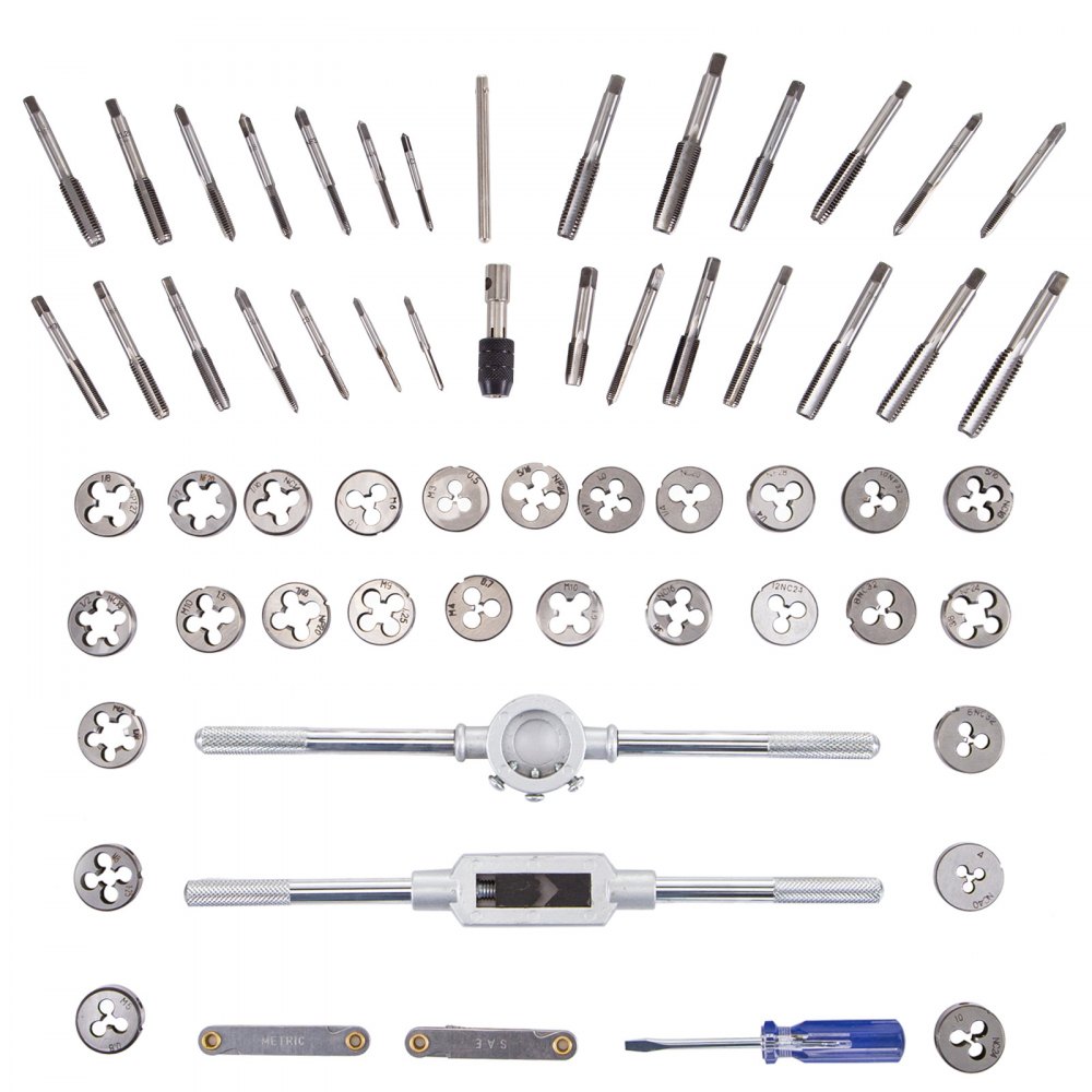 VEVOR tap and die set with multiple taps, dies, wrenches, and a screwdriver.
