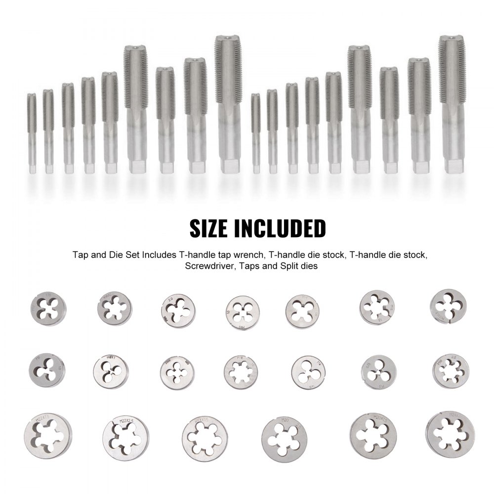 VEVOR tap and die set with various sizes of taps and dies arranged in rows.