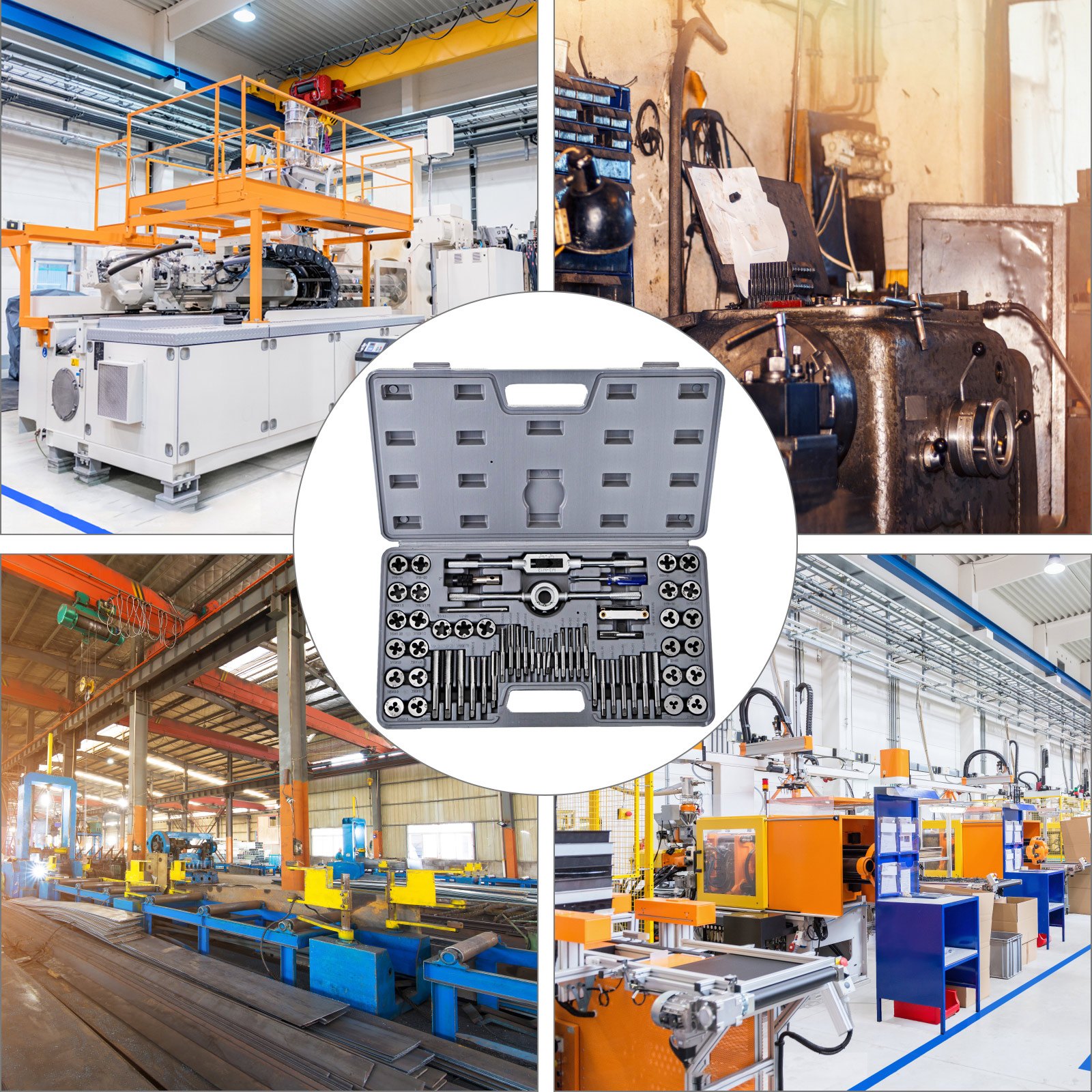 VEVOR tap and die set in a busy industrial workshop with machinery and equipment.