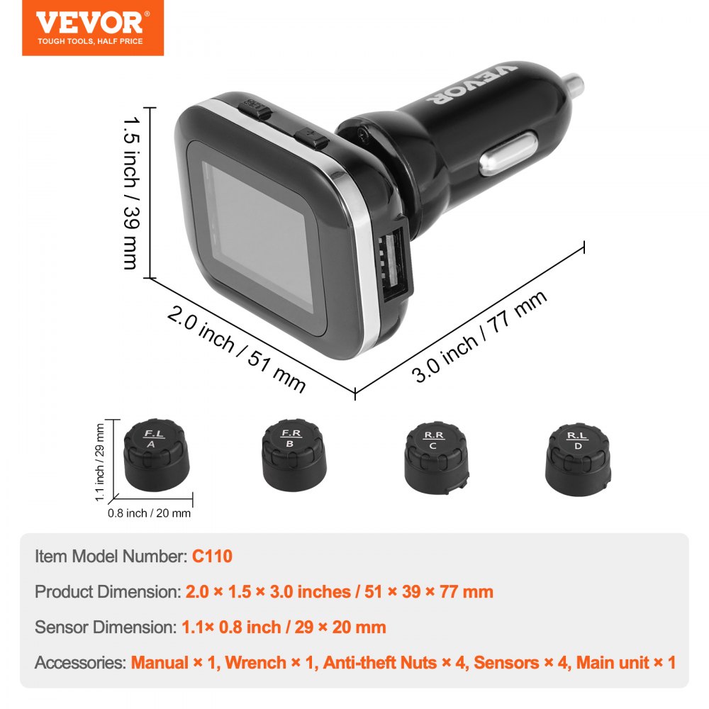 VEVOR RV Tire Pressure Monitoring System, 7.3-87 PSI Trailer TPMS, Universal Wireless Car Alarm System, Waterproof TPMS Sensors Set with 4 Sensors, 5 Alarm Modes, Real-time Display, Easy to Install