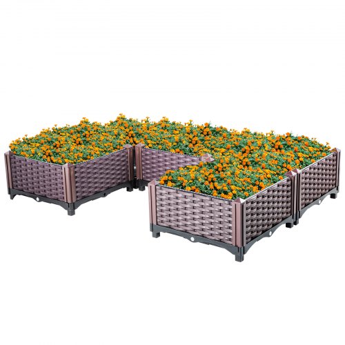 VEVOR Plastic Raised Garden Bed, 9H Flower Box Kit, Brown Rattan Style Grow Planter Care Box, Set of 5 Raised Garden Planter, Self-Watering Elevated Herb Planter, Raised Garden Bed for in/Outdoor
