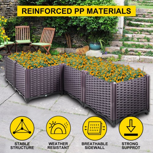 VEVOR Plastic Raised Garden Bed, 14.5H Flower Box Kit, Brown Rattan Style Grow Planter Care Box, Set of 5 Raised Garden Planter, Self-Watering Elevated Herb Planter, Raised Garden Beds in/Outdoor