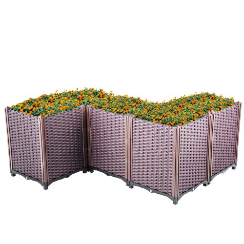 VEVOR Plastic Raised Garden Bed, 20.5" High Set of 5, Rattan Style Grow Planter Care Box Kit, Self-Watering Elevated for Herbs, Flowers, and Other Plants Indoor ot Outdoor, Brown