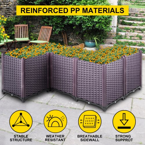 VEVOR Plastic Raised Garden Bed, 20.5" High Set of 5, Rattan Style Grow Planter Care Box Kit, Self-Watering Elevated for Herbs, Flowers, and Other Plants Indoor ot Outdoor, Brown