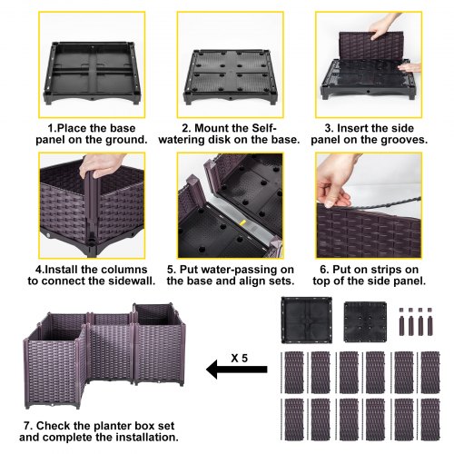 VEVOR Plastic Raised Garden Bed, 20.5" High Set of 5, Rattan Style Grow Planter Care Box Kit, Self-Watering Elevated for Herbs, Flowers, and Other Plants Indoor ot Outdoor, Brown