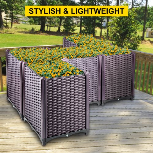 VEVOR Plastic Raised Garden Bed, 20.5" High Set of 5, Rattan Style Grow Planter Care Box Kit, Self-Watering Elevated for Herbs, Flowers, and Other Plants Indoor ot Outdoor, Brown