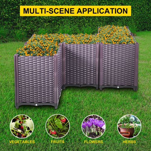 VEVOR Plastic Raised Garden Bed, 20.5" High Set of 5, Rattan Style Grow Planter Care Box Kit, Self-Watering Elevated for Herbs, Flowers, and Other Plants Indoor ot Outdoor, Brown
