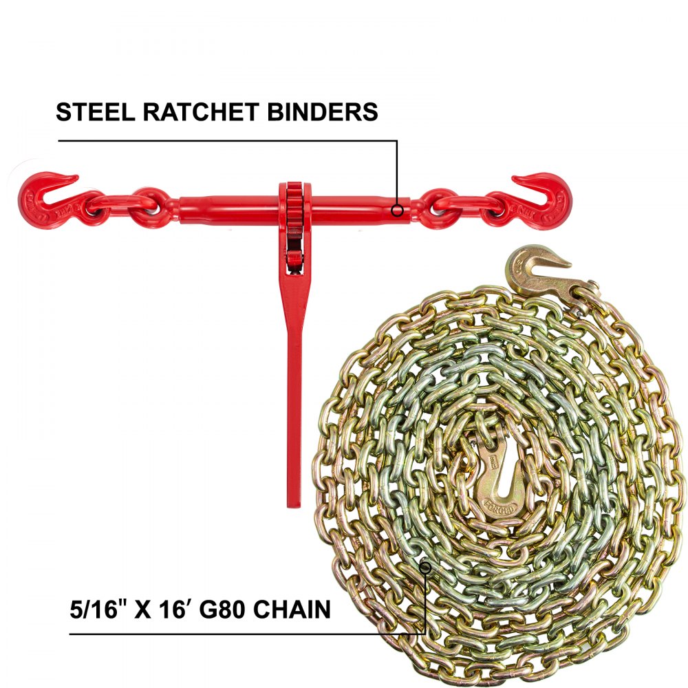 VEVOR Chain and Binder Kit, 5/16in-3/8in Ratchet Load Binders with 6600lbs Working Strength, Ratchet Binders and Chains, 5/16in x 20ft Chains w/ G70 Hooks, for Truck, Tie Down, Hauling, Towing Kit