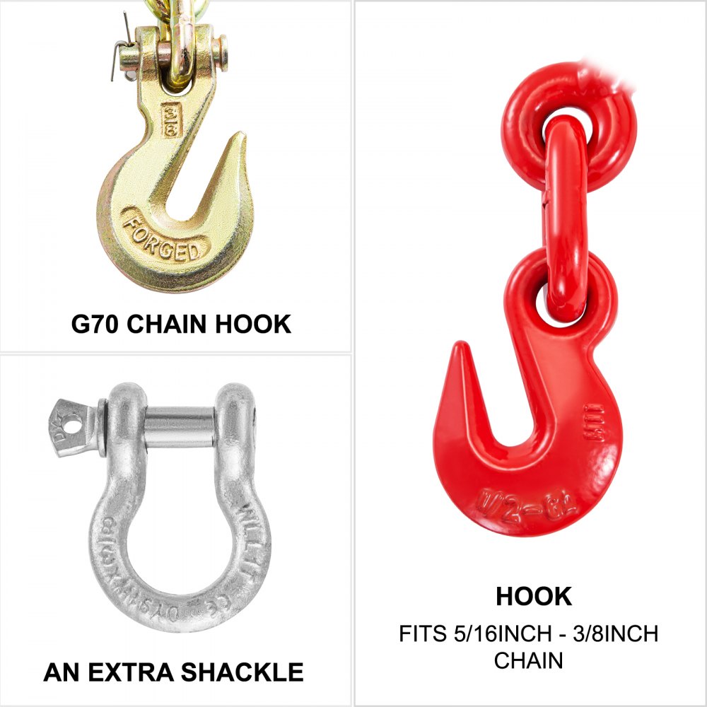 VEVOR Chain and Binder Kit, 5/16in-3/8in Ratchet Load Binders with 6600lbs Working Strength, Ratchet Binders and Chains, 5/16in x 20ft Chains w/ G70 Hooks, for Truck, Tie Down, Hauling, Towing Kit