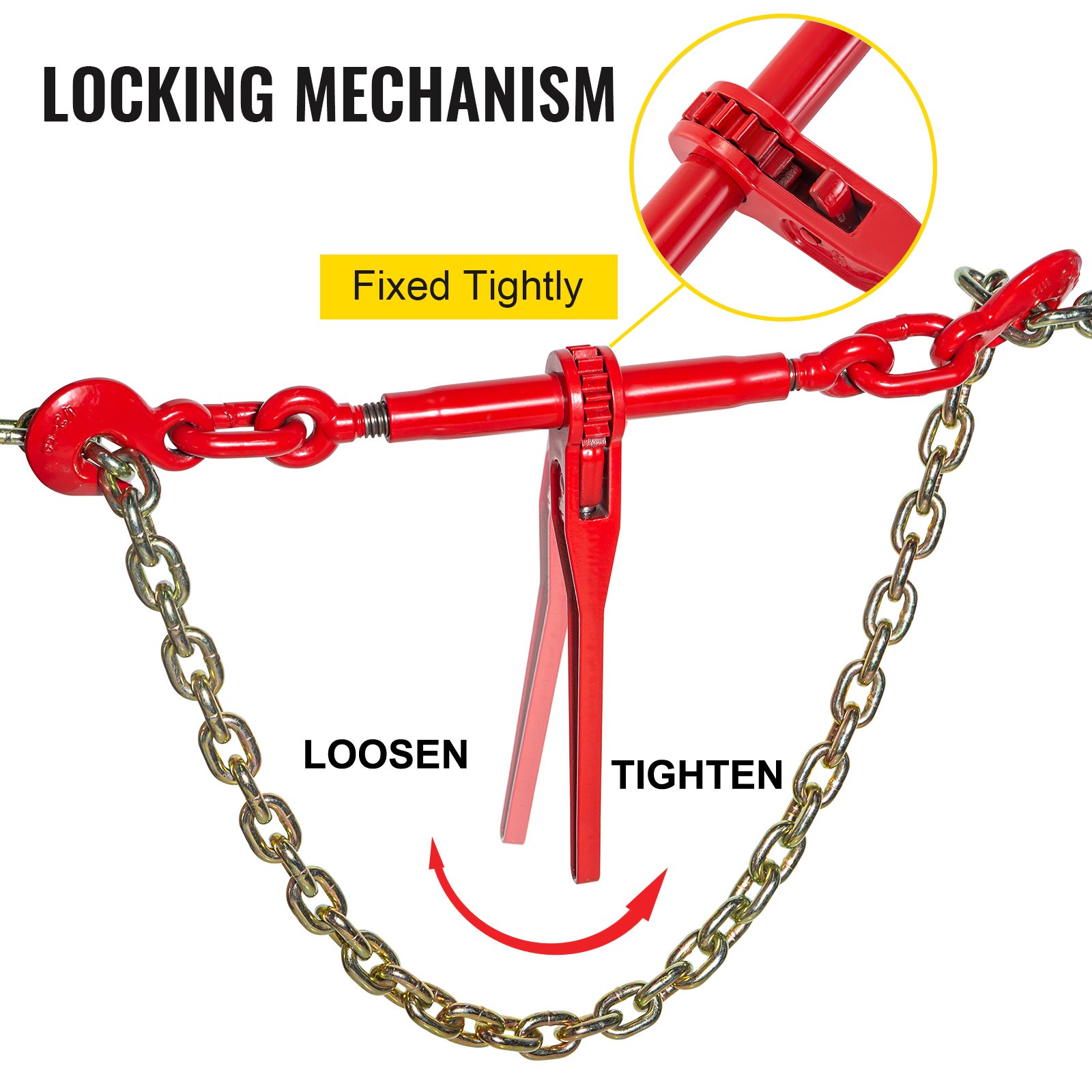 VEVOR ratchet binders with a secure locking mechanism and chains.