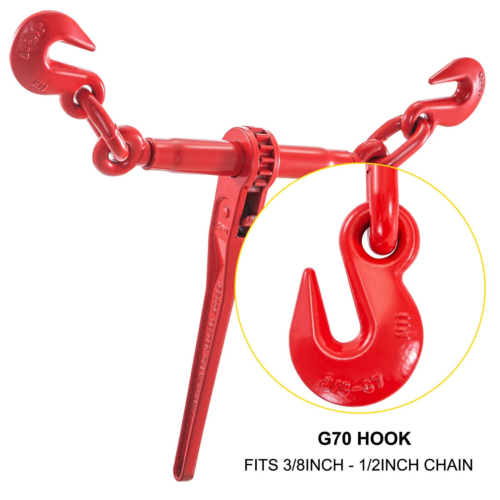 red VEVOR ratchet binders with g70 hooks for 3/8 to 1/2 inch chain use.