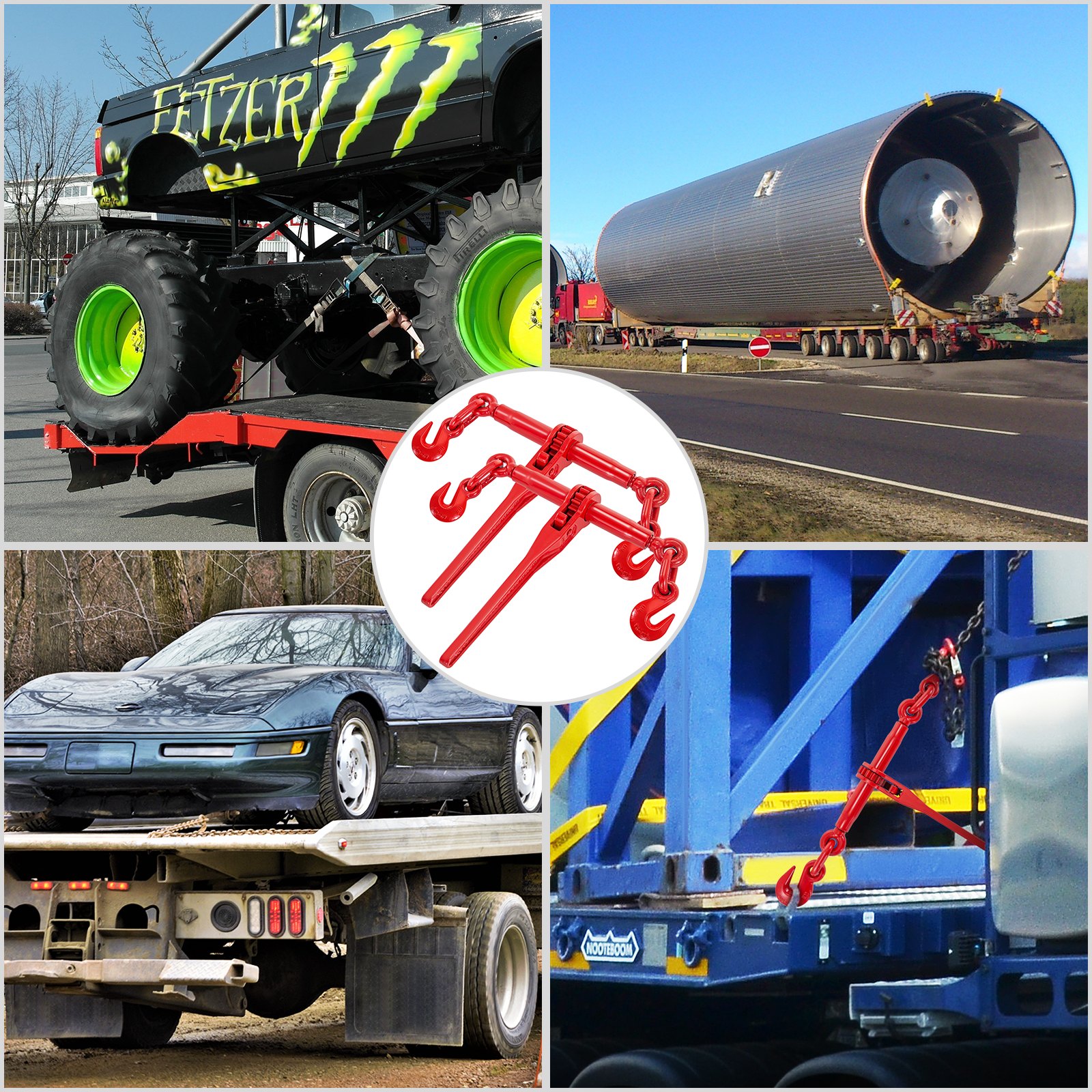 various vehicles secured with VEVOR ratchet binders, highlighting their versatility.