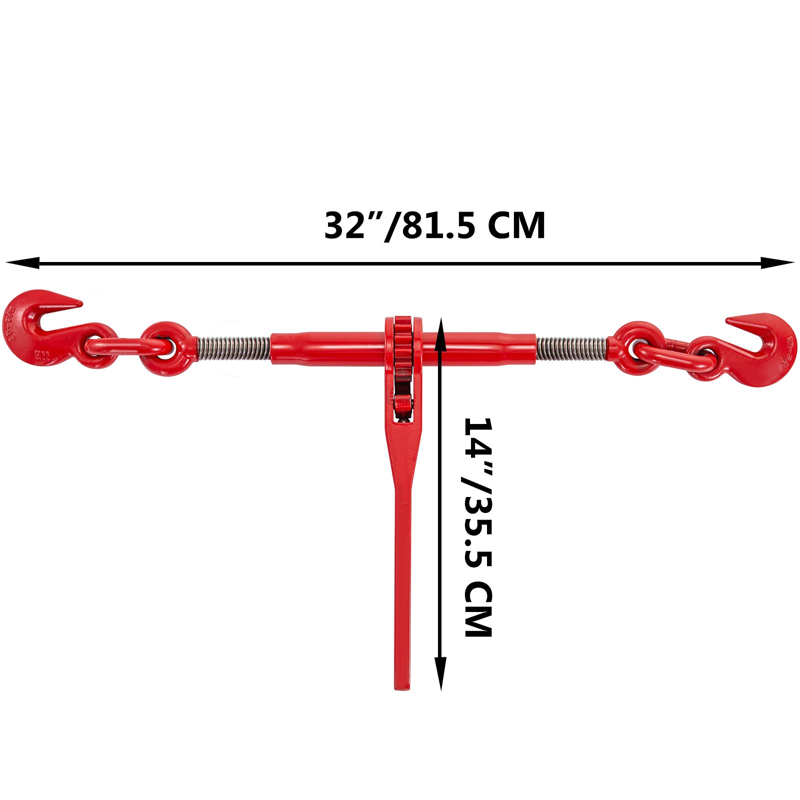 red VEVOR ratchet binders with hook ends, 32&quot;/81.5 cm width, 14&quot;/35.5 cm height.